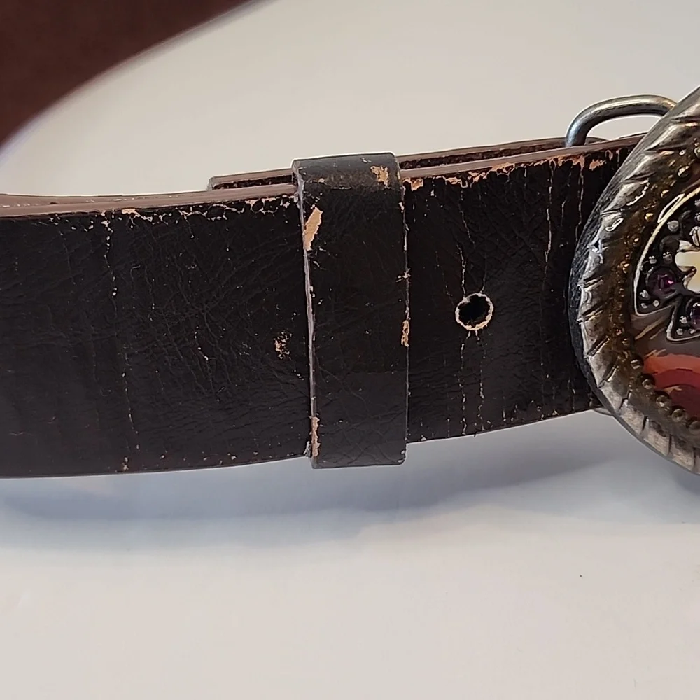 Western Belt Buckle Oval Embellished Brown & Brass Tones W/ Brown Belt